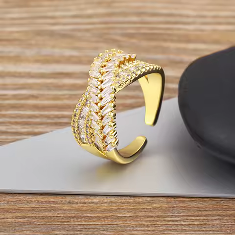 Nidin New Trendy Crystal Double Deck Cross Rings Charm Cubic Zirconia Intersect Opening Adjustable Finger Ring Jewelry Gift