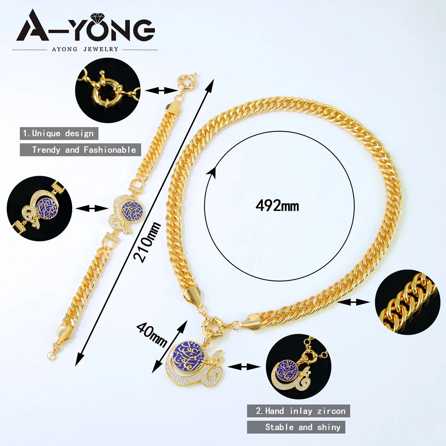Saudi-Arabien Muslimisches Retro-Schmuckset 21 Karat vergoldet Dubai Hip Hop Zirkonia Kubanische Halskette Armband Marokkanische Hochzeitsschmuck – Detail 4