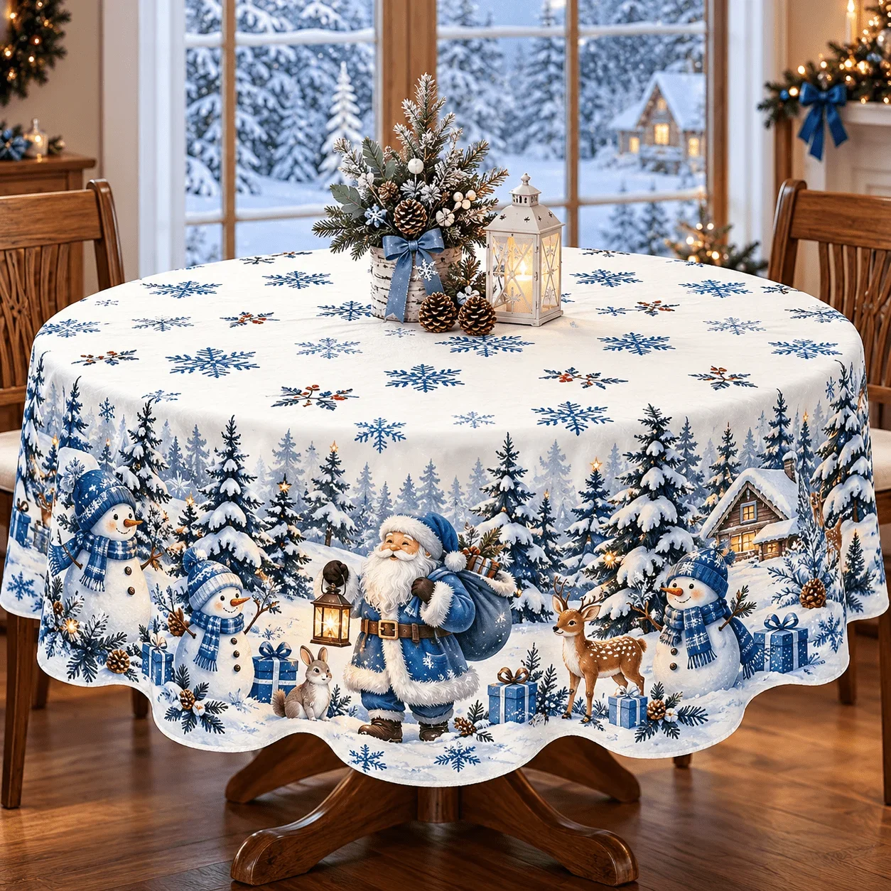 1 round tablecloth, Christmas blue and white snow theme polyester tablecloth, Santa Claus snowman elk snowflake print design