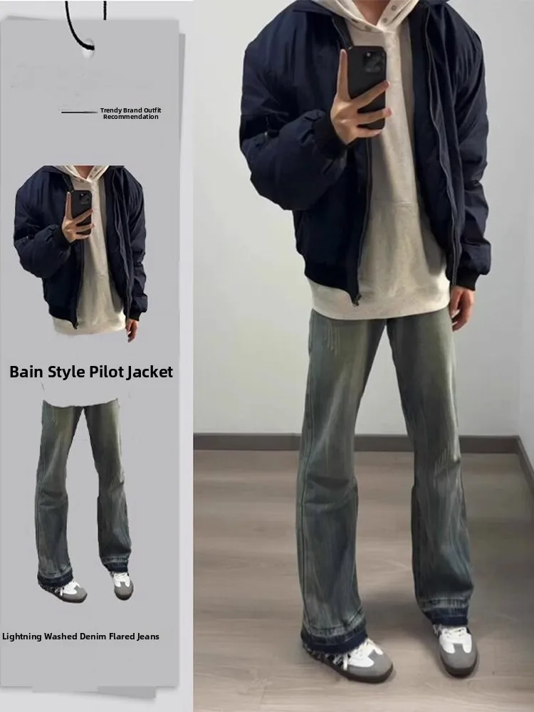 

Cleanfit Vintage Blue Flight Jaet And Knife Pleated Pants Men's Autumn Faion Set Youth Sle High Quali Material