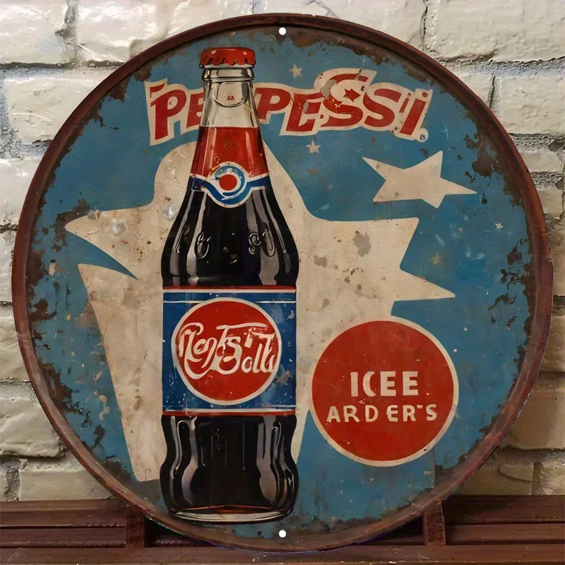 Vintage Pepsi Metal Sign - Retro Cartoon Style with Classic Bottle & Ice Cubes, Colorful Bubbles & Stars Wall Decor