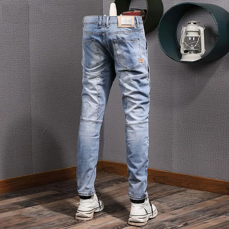 Street Fashion Men Jeans Retro Light Blue Stretch Slim Fit Biker Jeans High Quality Spliced Designer Hip Hop Denim Pants Men