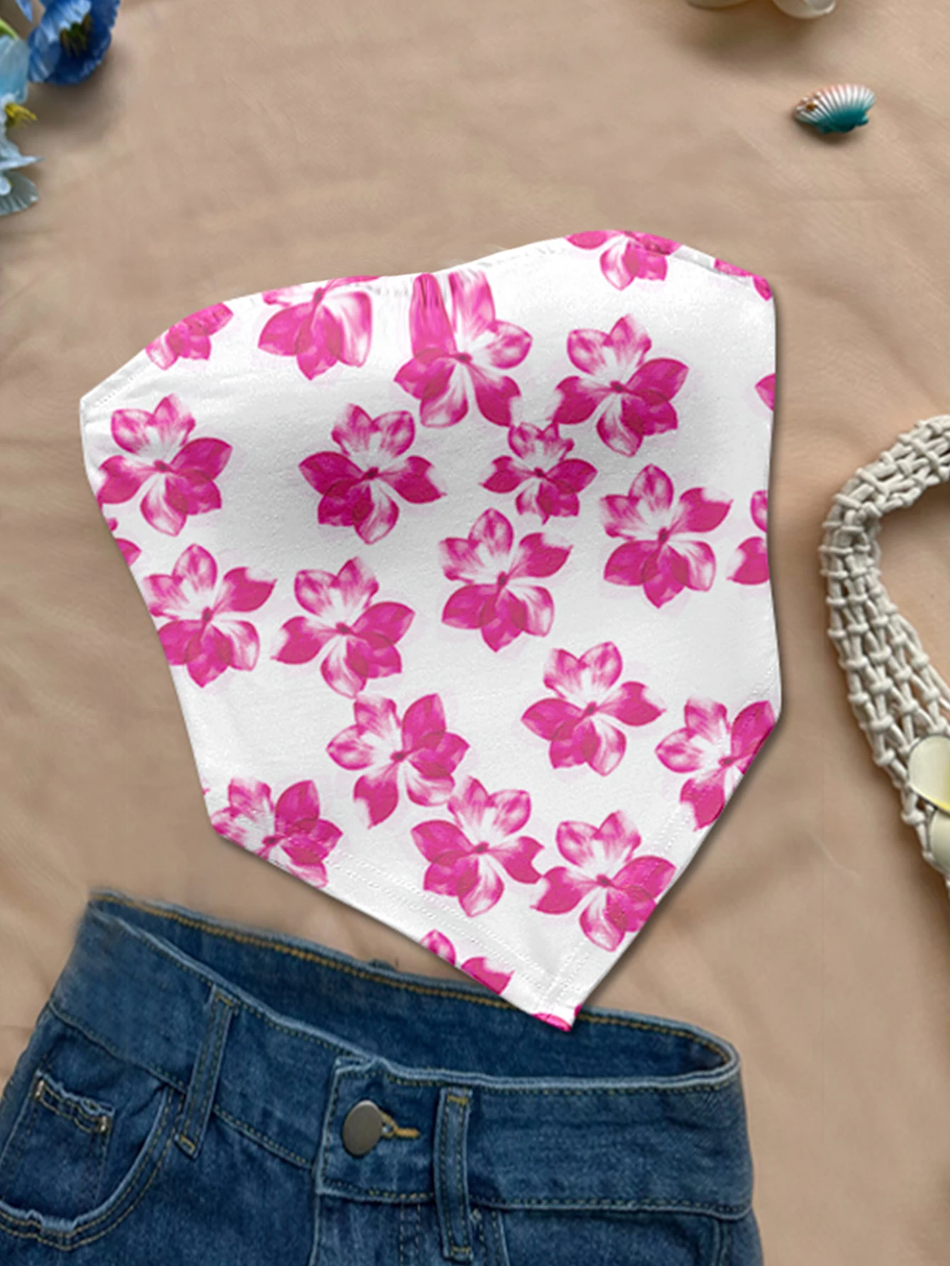 

Женские весенне-летние новые пляжные каникулы в стиле бохо на белой подошве с пурпурным цветочным принтом, облегающие укороченные бюстье, эластичные пурпурные/белые топы