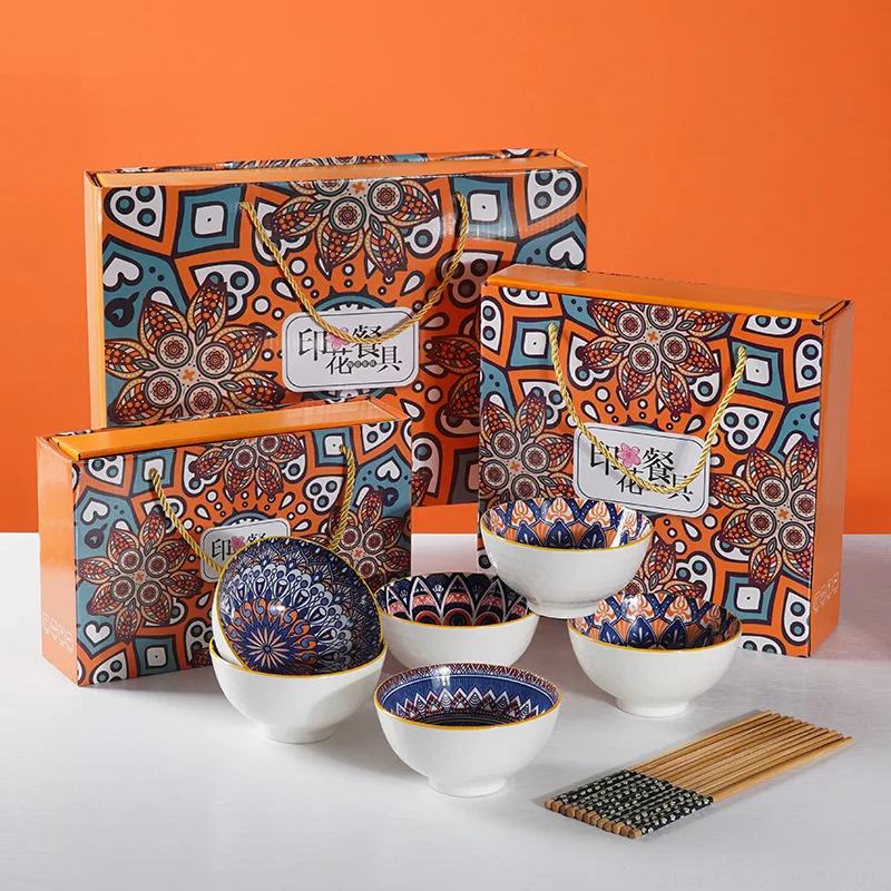 Bohemian creative handpainted ceramic tableware company opening gift kitchen supplies companion gift box bowl and chopsticks set