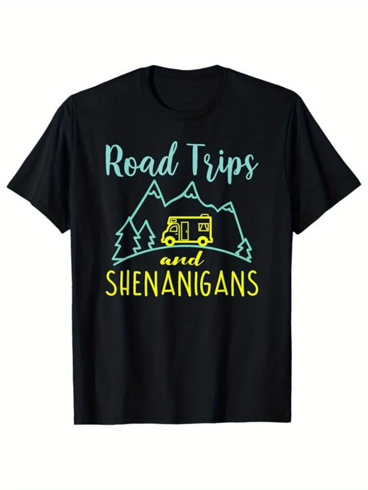 

Road Trip pattern design-100% cotton summer O-neck short sleeve casual printed men's T-shirt.