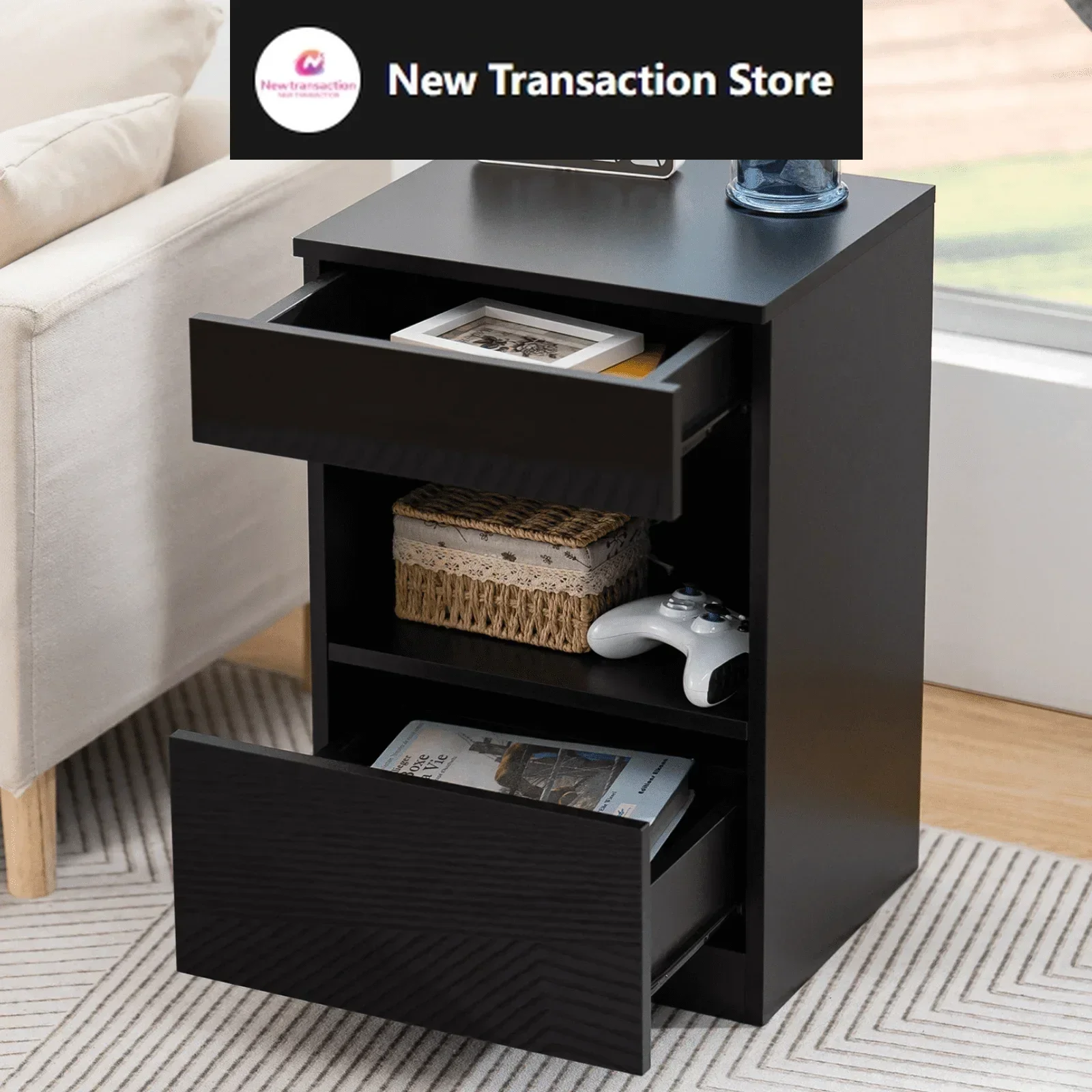 

Nightstand, 2 Drawer Nightstand Open Shelf Nightstands Bedside Table Modern End Tables Living Room High Gloss Side Table