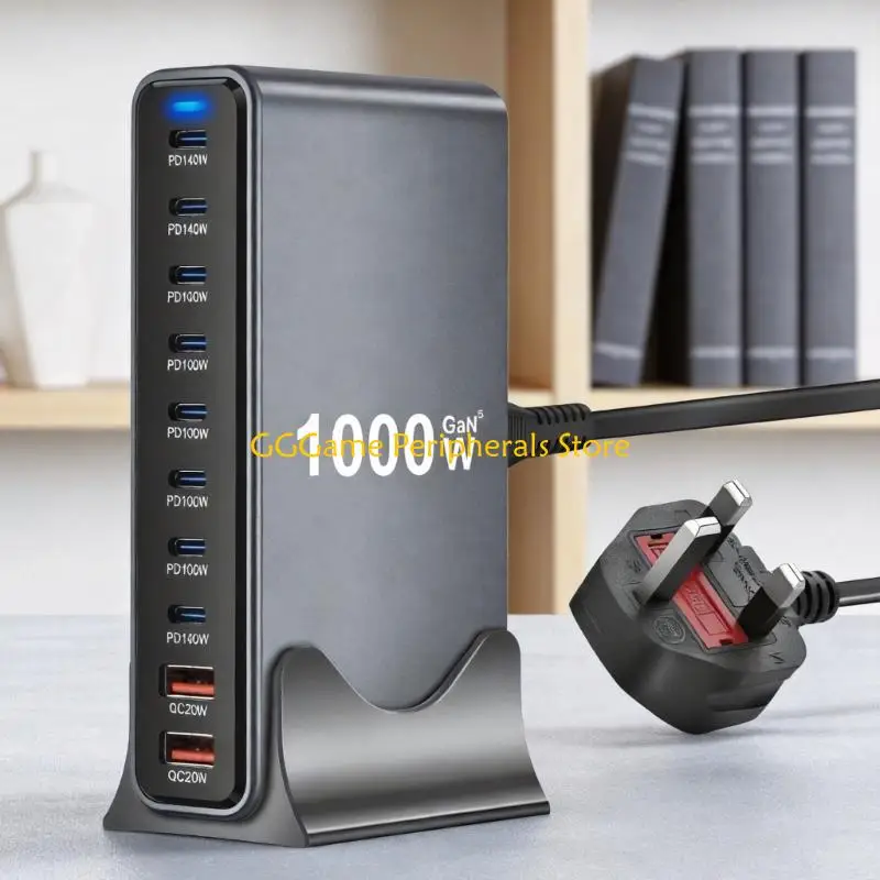 Adaptador energia eficiência U55B, saída USB 1000 W e hub carregamento com porta Type C, perfeito para