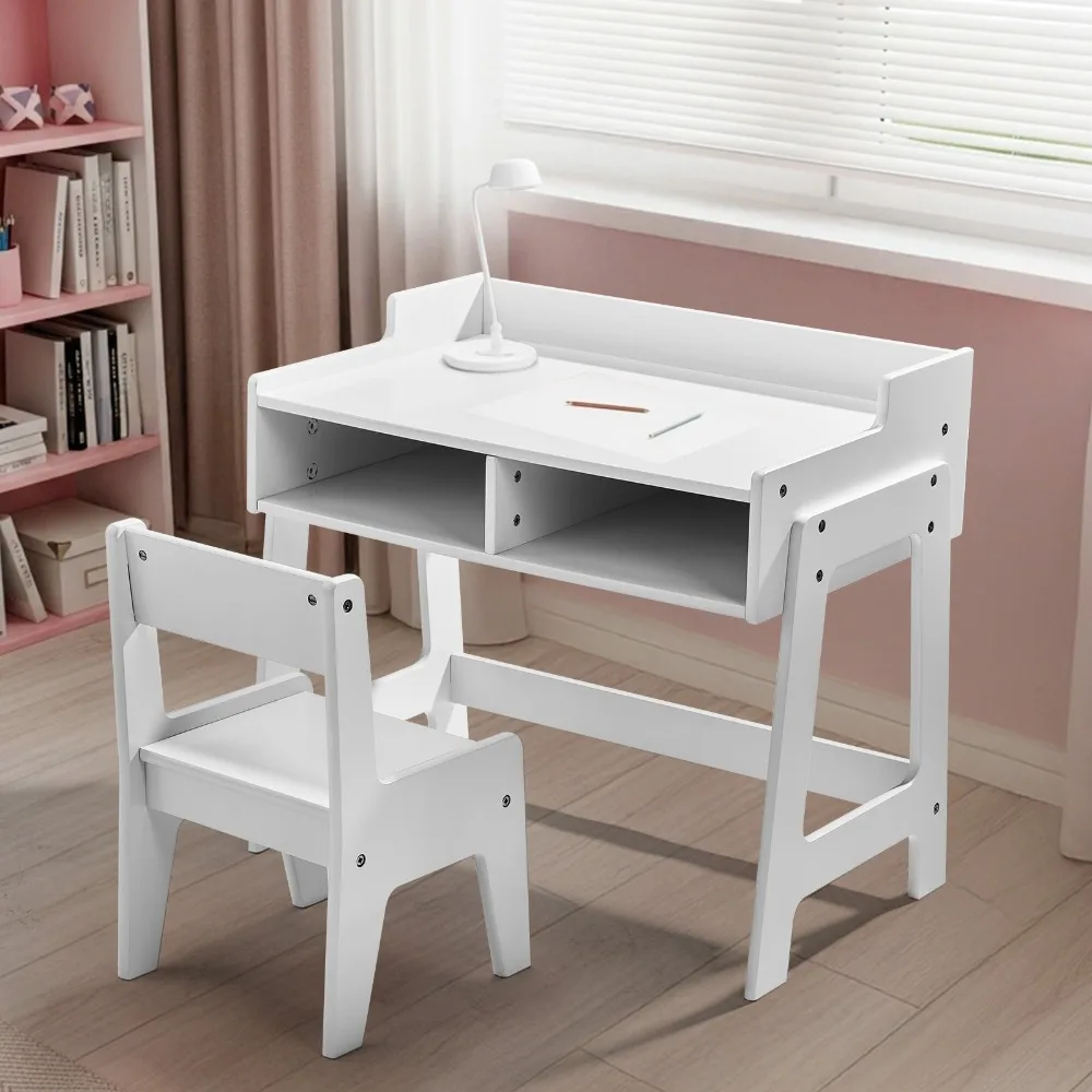 

Kids Desk and Chair Set with Storage, Solid Wood Toddler Table for Small Spaces