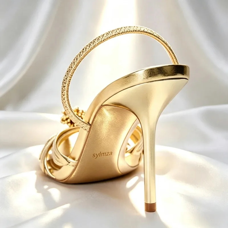 Luxury Gold Floral Detail Slingback Heels Women Unique Laminated Effect Design Pointed-Toe Heel Sandals Elegant Party Dress Shoe view 4