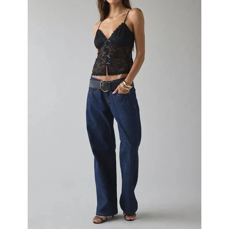 Women's Sheer Lace Split-Front Bow Detail Camisoles Spaghetti Strap V-Neck Y2k Crop Tank Tops Summer Sleeveless Vests