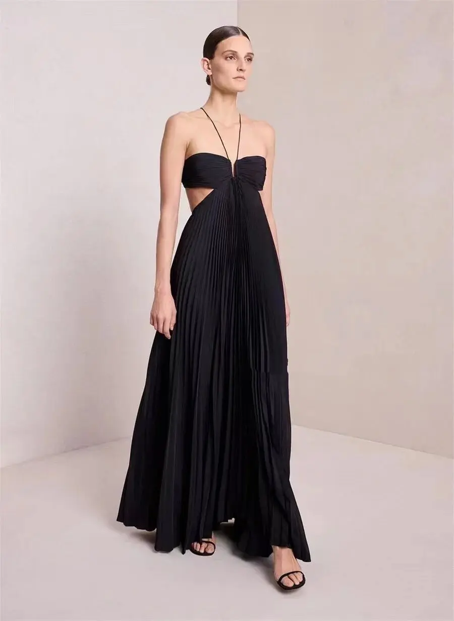 Summer/Autumn Women Dress Polyester Sexy Spaghetti Backless Floor-Length Sleeveless Pleated High Waist Holiday Evening Gowns