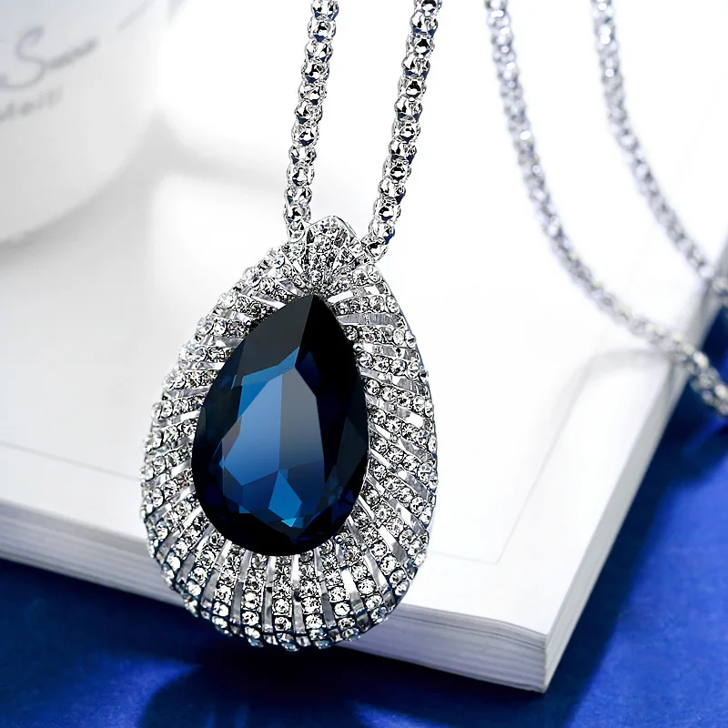 Big Blue Crystal Water Drop Pendant Long Necklace for Women Full Rhinestone Silver Gold Black Color Sweater Chain