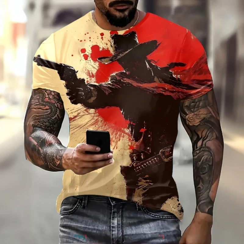 

Винтажная футболка для мужчин, ковбойские Топы с коротким рукавом и принтом в западном стиле, уличная одежда с круглым вырезом, футболка большого размера, мужская одежда