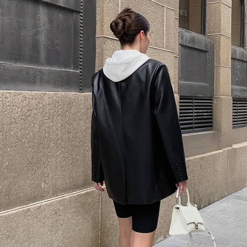 Coreano feminino mangas compridas jaqueta de couro 2025 moda feminina solta couro do plutônio topos outono inverno senhora casual casaco de couro falso