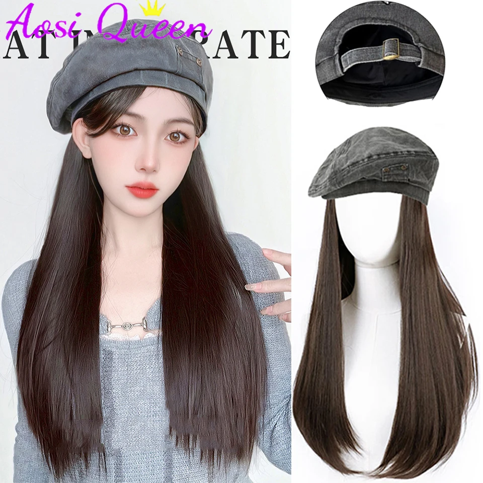 AOSI Hat Wig Fashion Women's 2023 New Denim Beret Long Curly Hair Natural Trend Hat Wig