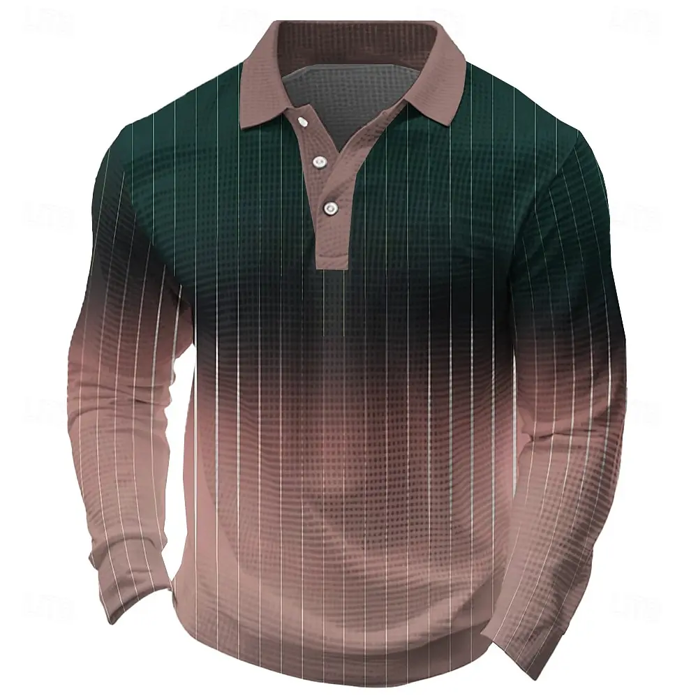

3D Gradient Color Print Men's Polo Shirt Oversize Breathable Comfortable Lapel Button Pullover Autumn Casual Long Sleeve Clothes