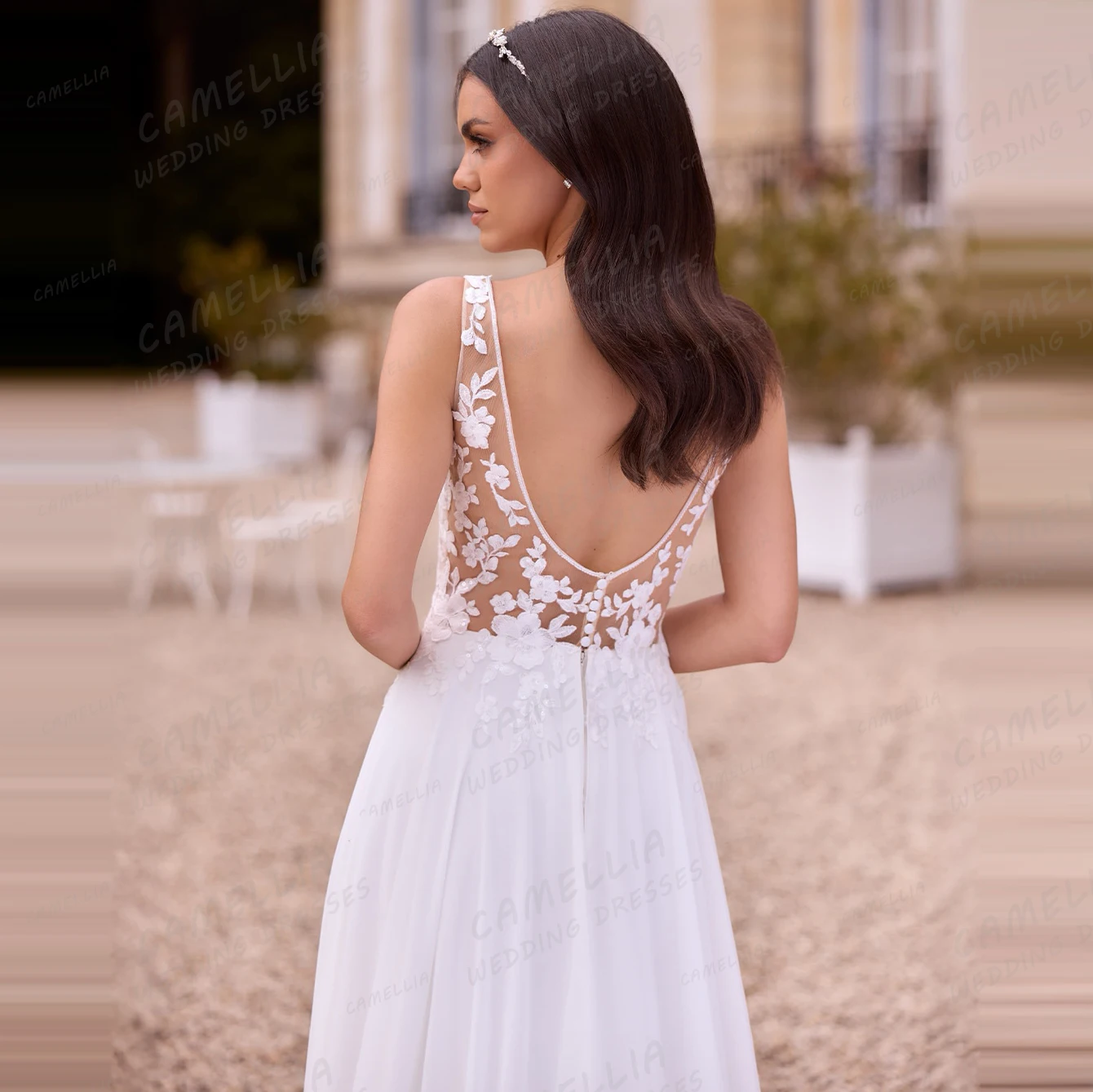 Elegante renda vestidos de casamento feminino uma linha sem mangas chiffon decote em v sem costas vestidos de noiva novia festa personalizada