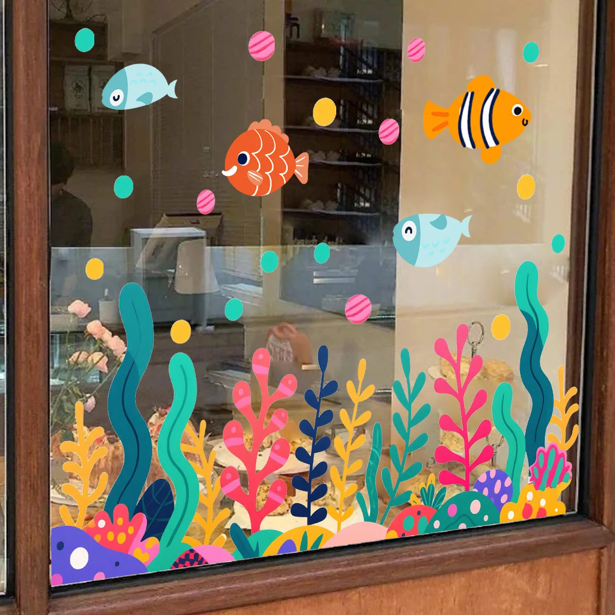Fotografia 5: Adesivo Eletrostático Visível de Dupla Face para Janela e Parede com Desenho de Peixe e Coral para Decoração de Lojas e Residências
