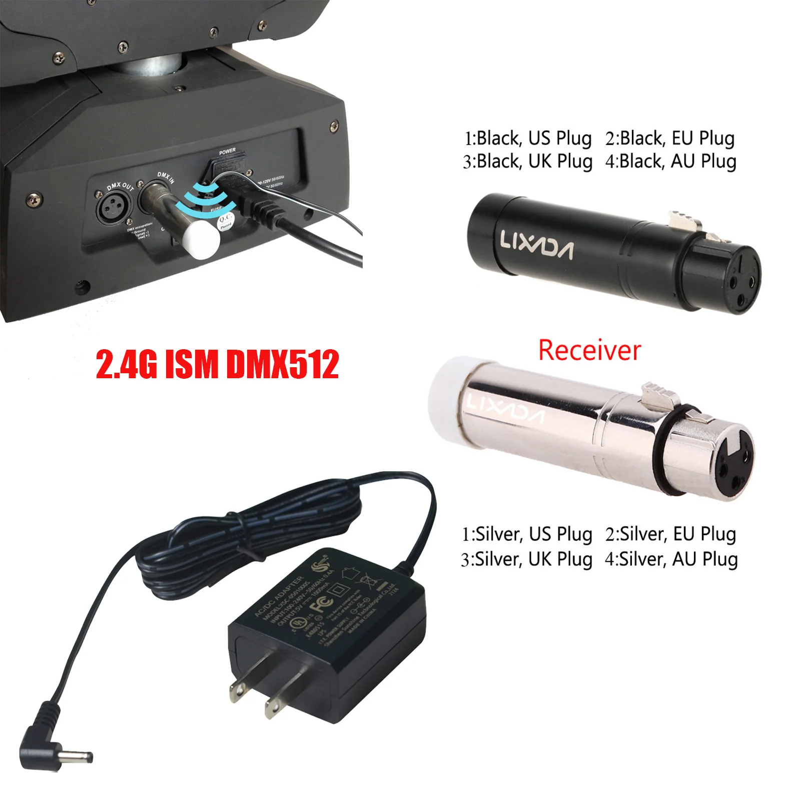 

Lixad 2.4G ISM DMX512 Controlador Receptor XLR Transmissor Para Discoteca dj Festa Bar Palco Par Movendo a Cabeça Luz Lase