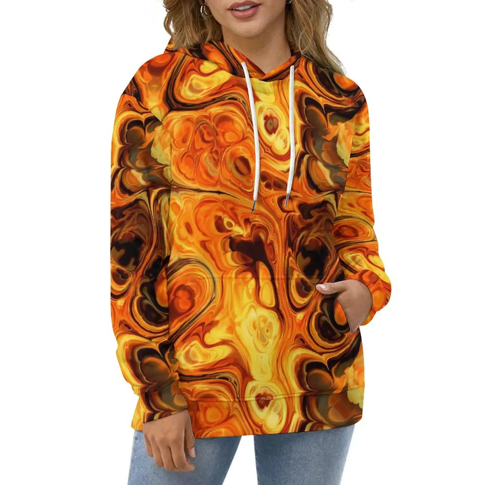 Fire Fractal Art Casual Hoodies Abstract Print Cool Hoodie Female Long-Sleeve Street Style Loose Oversize Hooded Sweatshirts