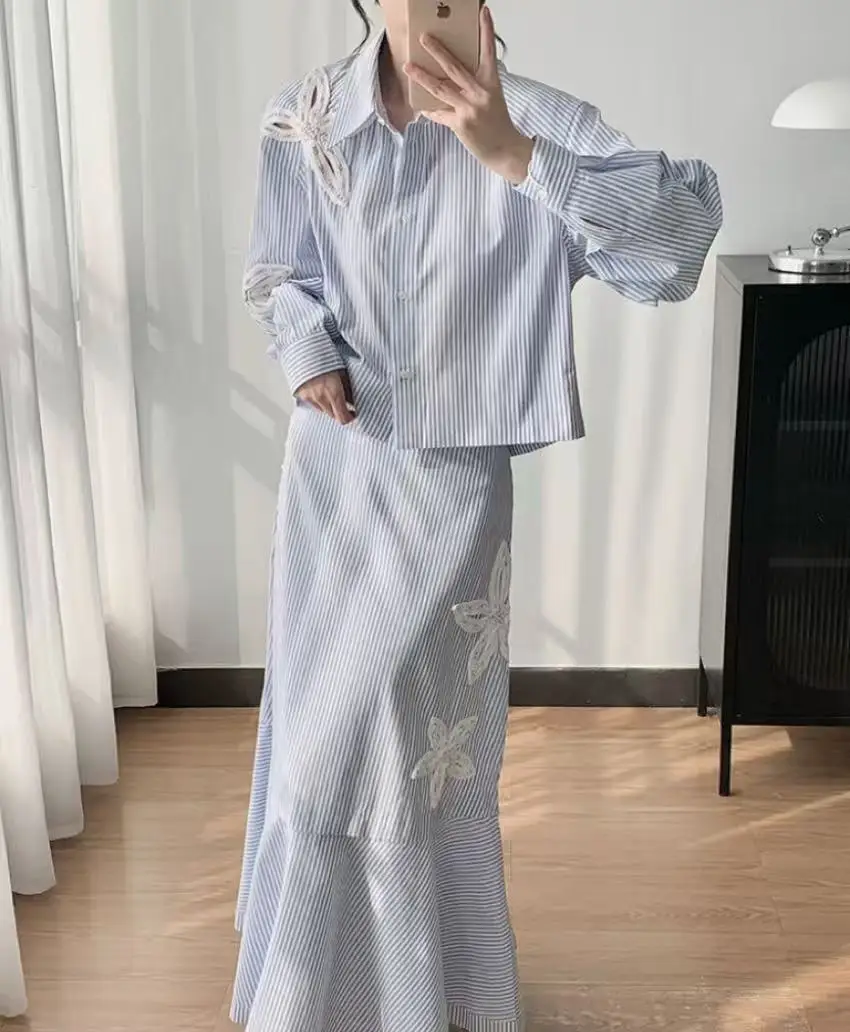 2pcs Dress Set Blue Striped Flowers Hollow Out Women Single-Breasted Shirt +Lady A-Line Midi Long Skirt Robe