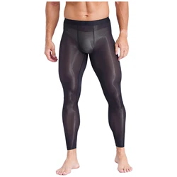 Leggings elasticizzati ultrasottili da uomo Leggings fitness yoga setosi ghiacciati Collant con custodia rigonfia Pantaloni trasparenti per allenamento sportivo in palestra