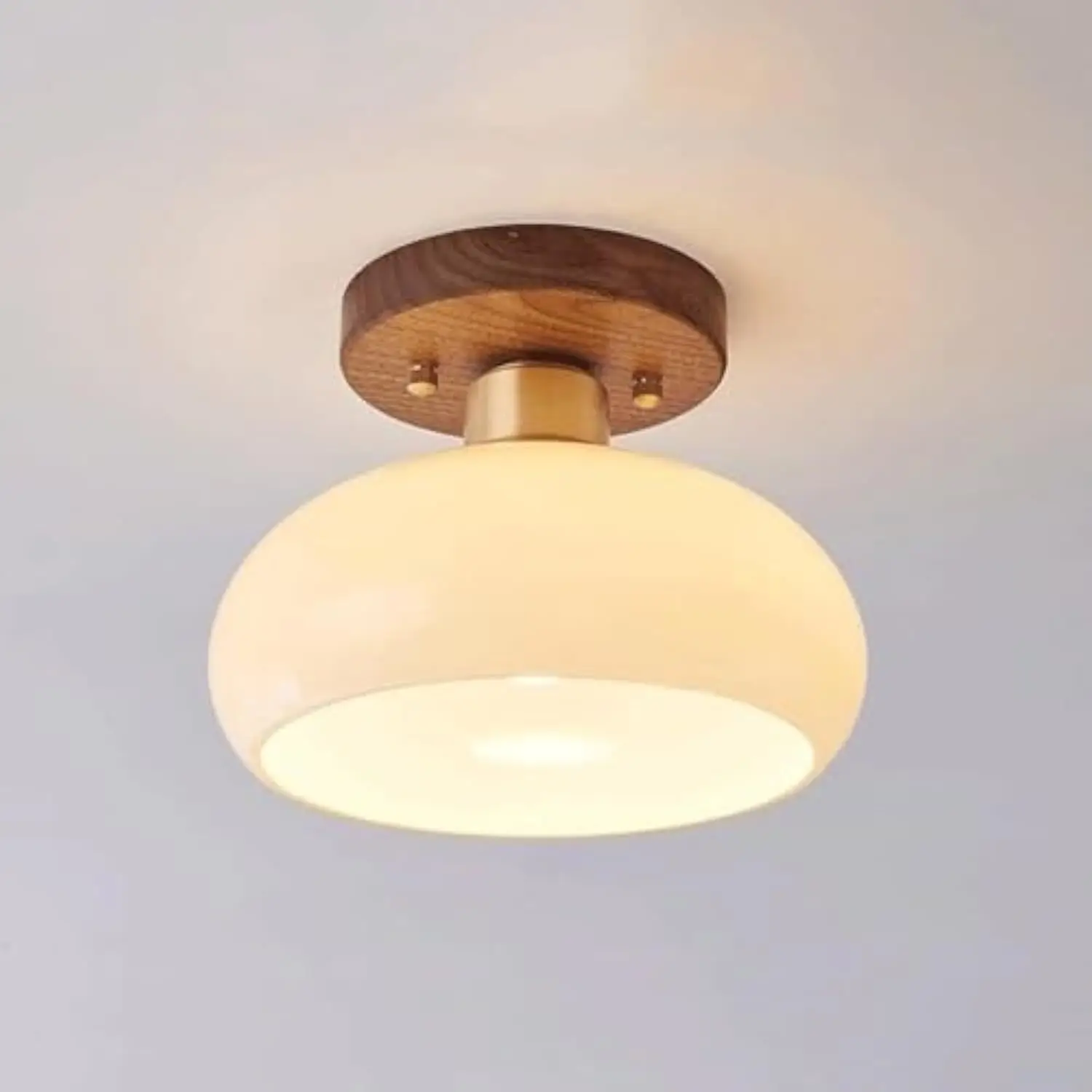 

Vintage Mid Century Modern Walnut Wood Semi Flush Mount Ceiling Light Fixture with Milk Glass for Rustic Farmhouse Kitchen, Bat