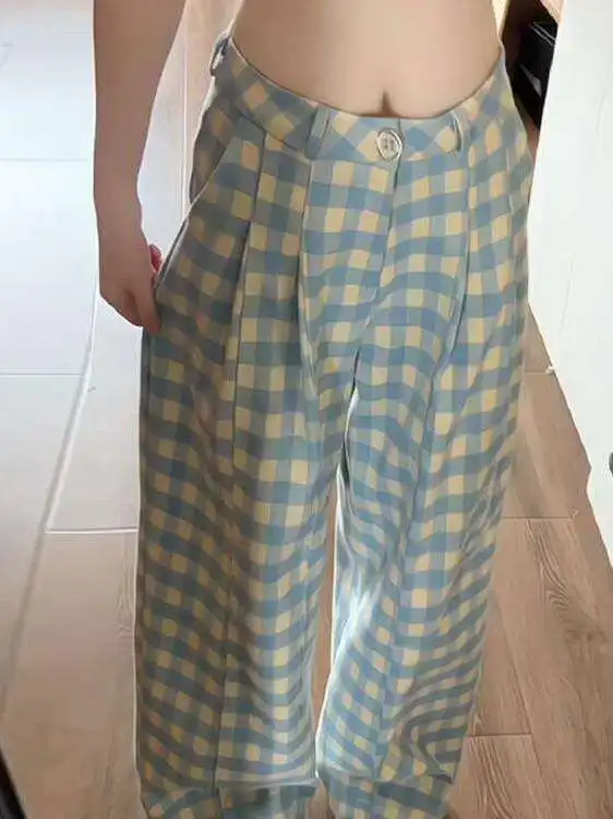

Синие клетчатые широкие брюки для женщин с высокой талией, свободные, струящиеся, стройнящие, повседневные, прямого кроя, на весну, осень, зиму