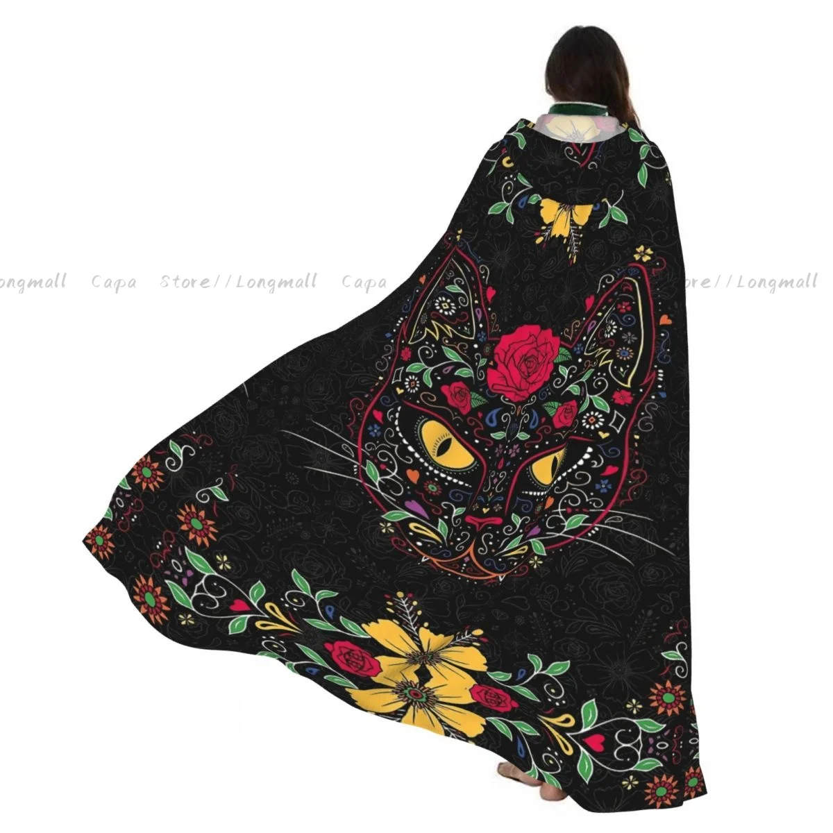 

Взрослый Хэллоуин Китти День мертвых Череп Плащ Накидка с капюшоном Средневековый костюм Полная длина Платье Пальто