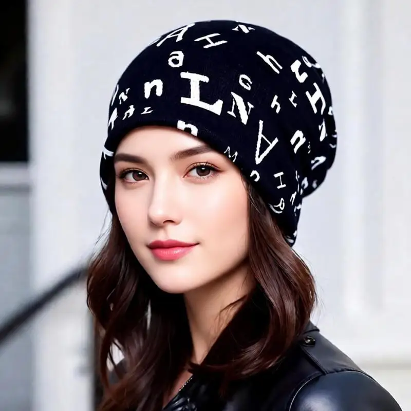 Women's Fashion Turban Hat Windproof Outdoor Sunscreen Beanie Baggy Cap with Letter Print Casual Headwear Head Wrap Mask