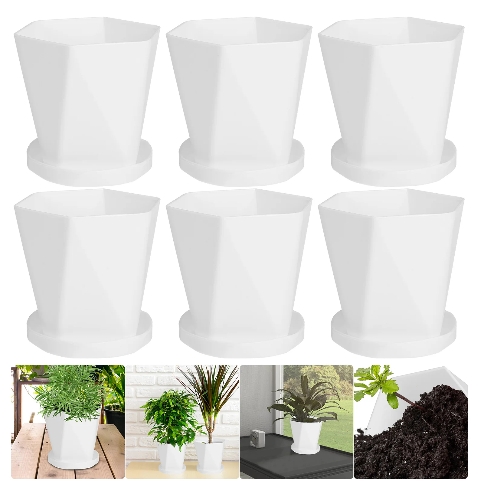 

6 set Plastic Flowerpot Modern Home Planter For Succulents Cactus Mini Bonsai Desktop Garden Decoration With Tray