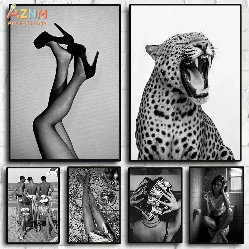 AZNM Black White Trendy Fashion Canvas Wall Art Leopard High Heel Legs Disco Beach Cool Retro Aesthetic Living Room Poster Unfra