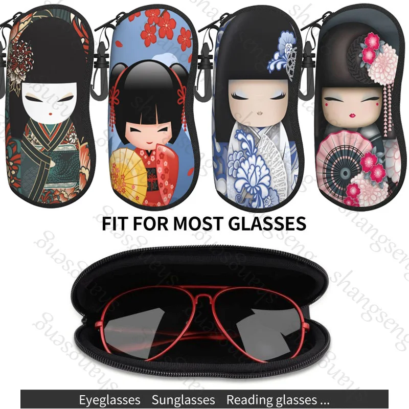 cute Red Sakura Kokeshi Doll Japanese Glasses Case Portable zipper soft-shell is suitable for cosmetics storage Glasses case