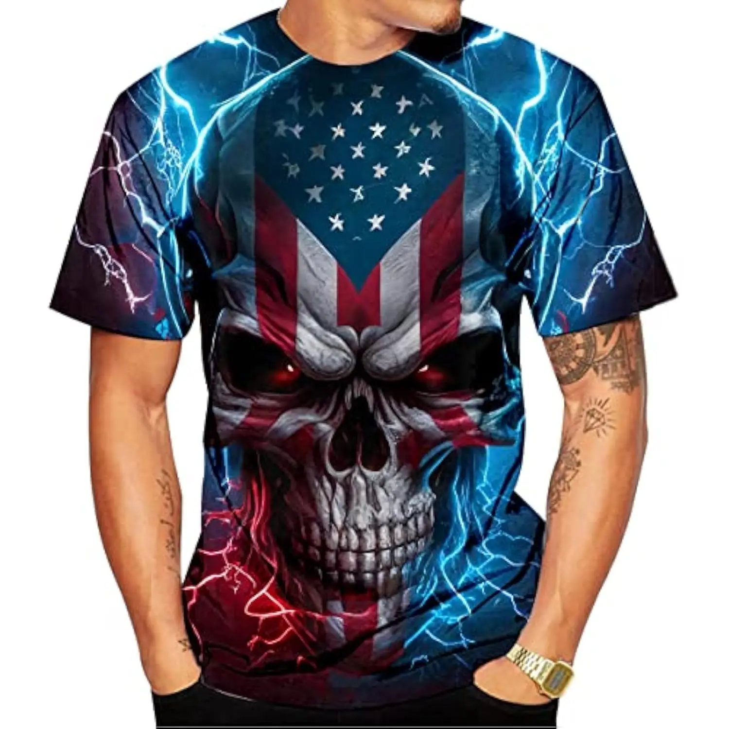 

Men's Lightning Skull T-Shirt Patriotic Theme American Flag Graphic 3D Independence Day Womens Clothing Patriotic Kids Tee