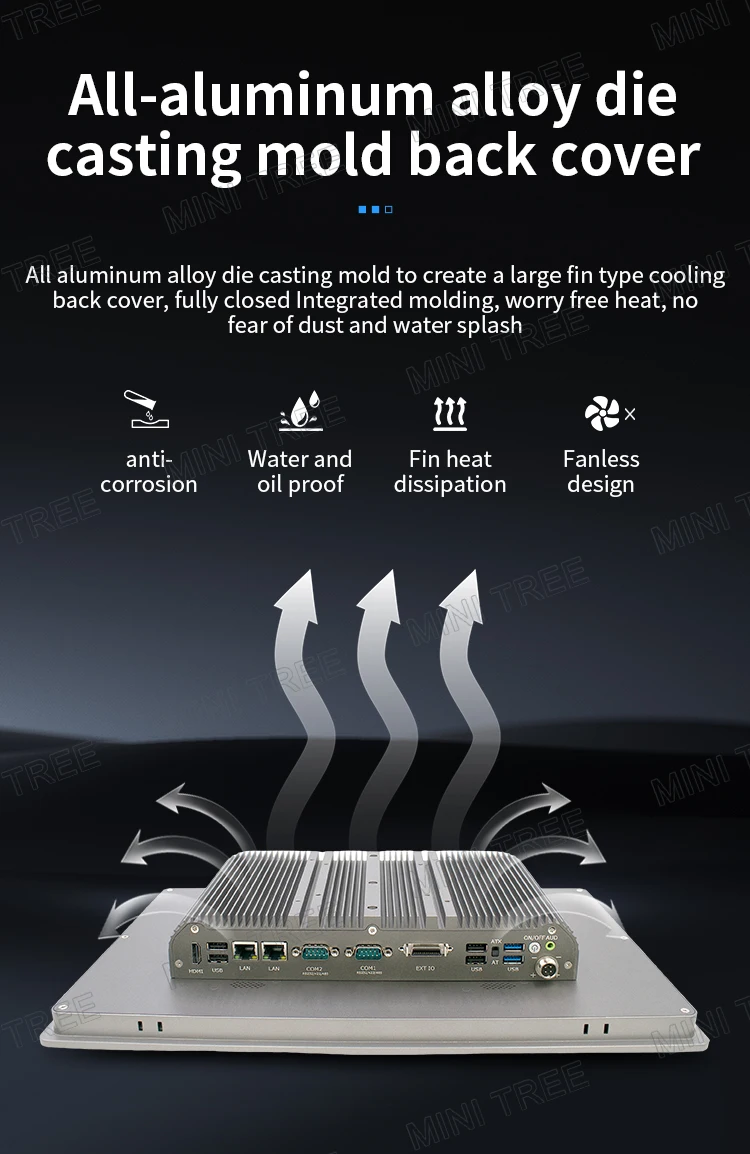 17.1 بوصة لوحة صناعية بدون مروحة PC IP65 مقاوم للماء Intel i5-8365U i9-1195G7 كمبيوتر مدمج Win11 Dual COM 5G VESA Mount