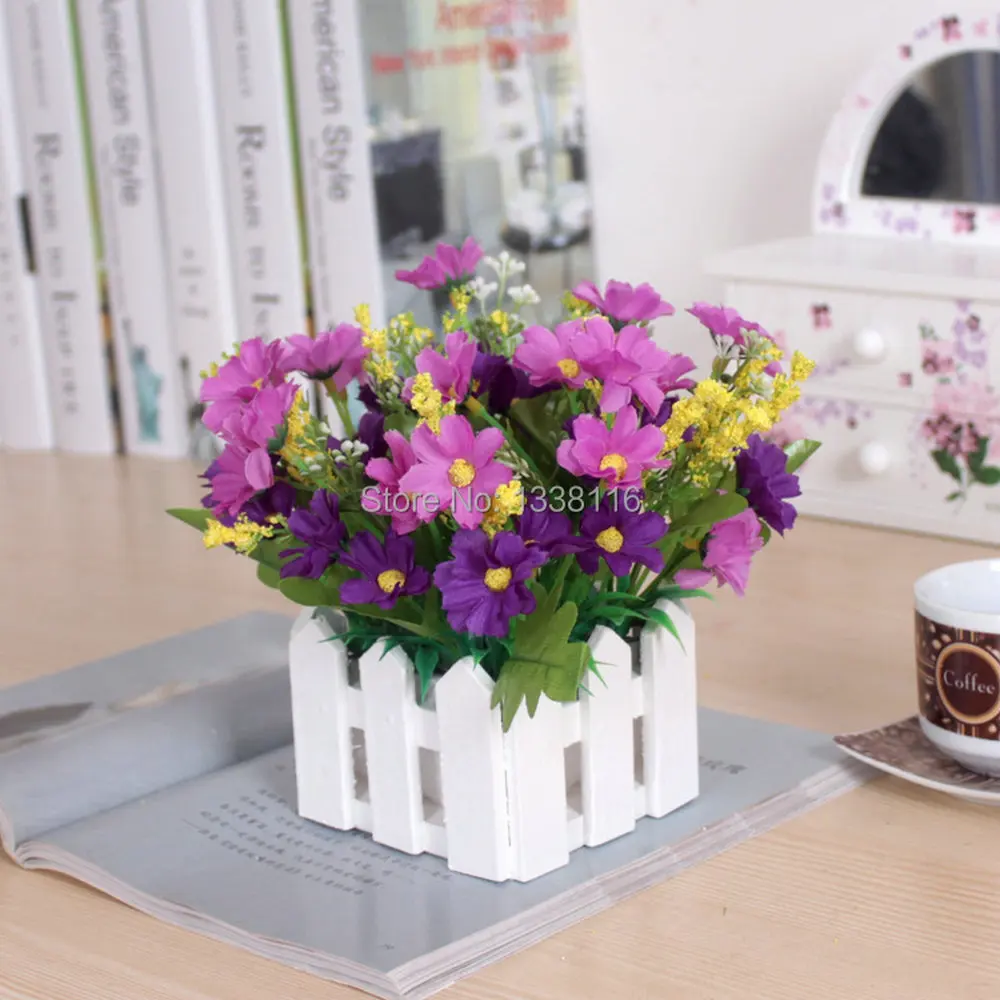 1 Set 10cm Wooden Fence Vase + Flowers Rose And Daisy Artificial Flower Set Silk Flowers Home Decoration Birthday Gift