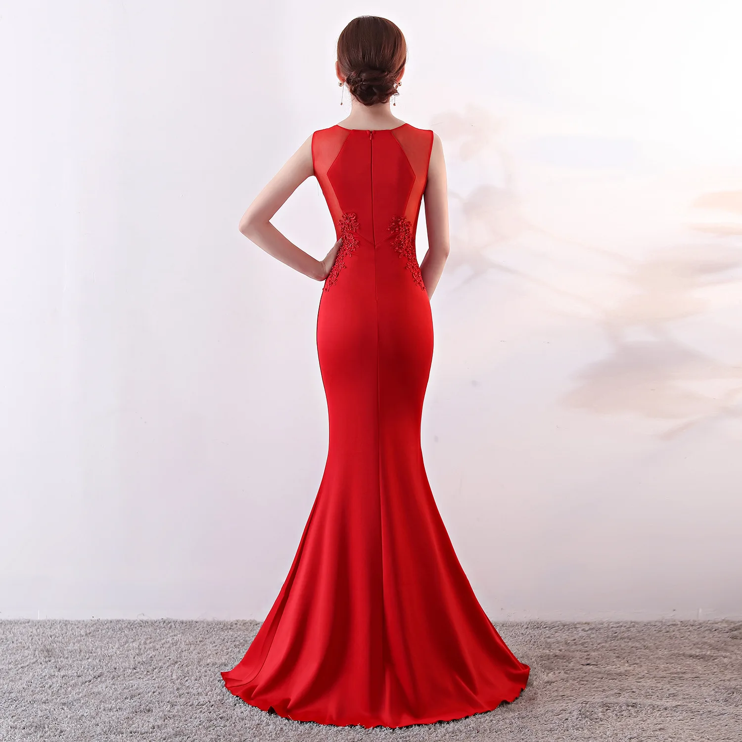 Evening Dress Red Appliques StretchyO-neck Sleeveless Zipper Back Mermaid Trumpet Floor Length Women Party Formal Gowns YE197