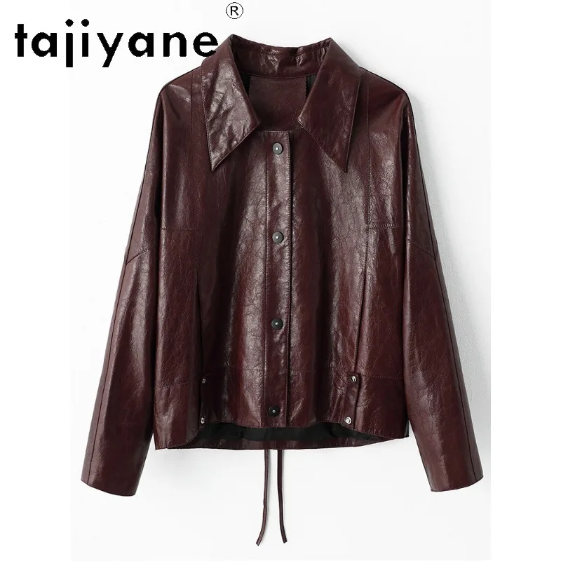TAJIYANE Genuine Leather Jacket Women Waxed Top Layer Goatskin Coats Short Outerwear Vegetable‑Tanned Leather Jackets Jaqueta