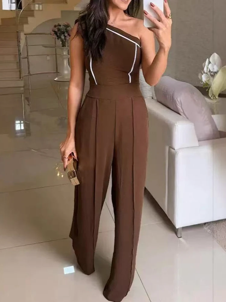 

One Shoulder Solid Commuting Romper Women Casual Slanted Neck Hollow Party Jumpsuit 2025 New Solid Sleeveless Wide Leg Playsuit