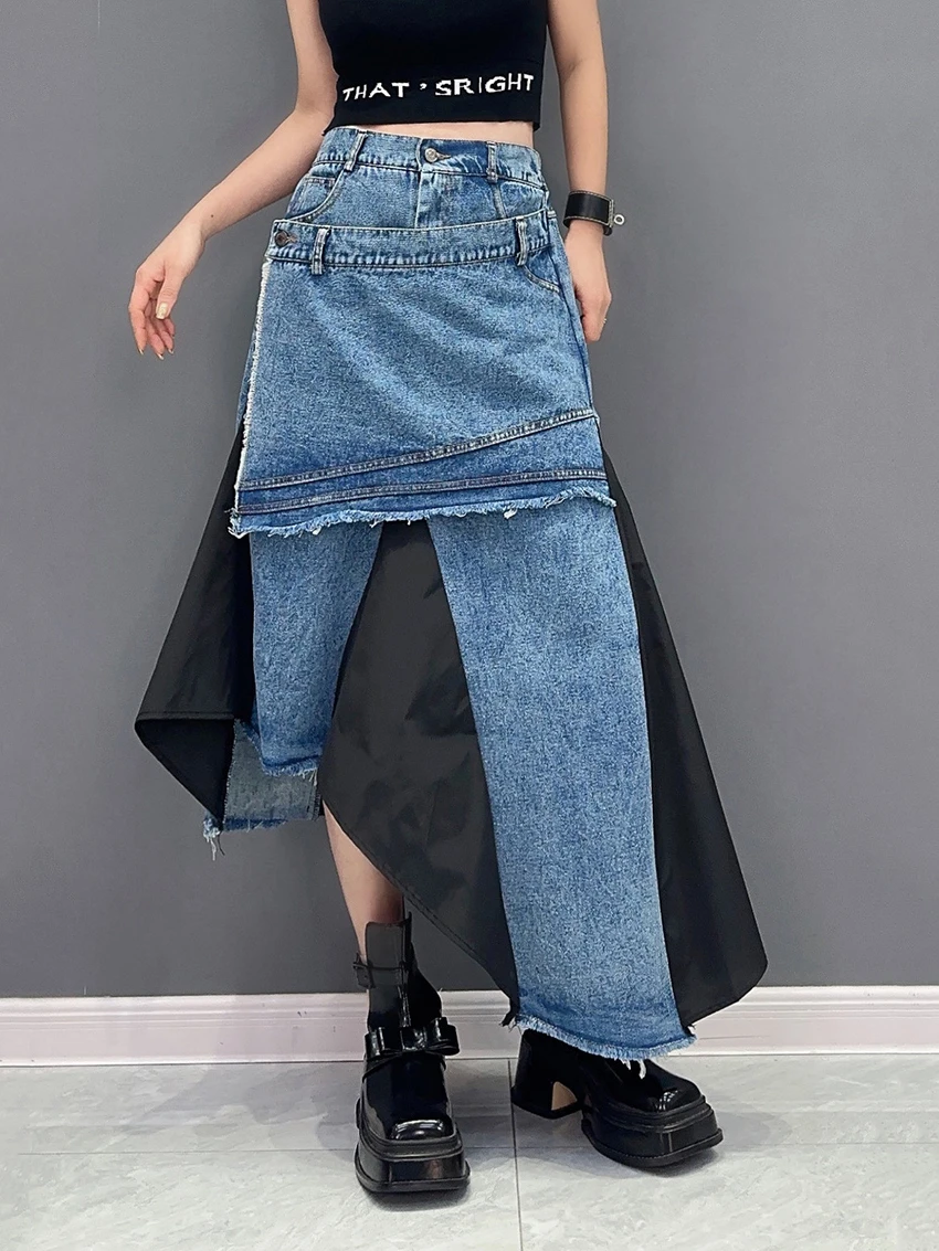 230864 High Elastic Waist Black Denim Irregular Color-Block Half-Body Skirt Women Fashion Tide New Spring Autumn 2025