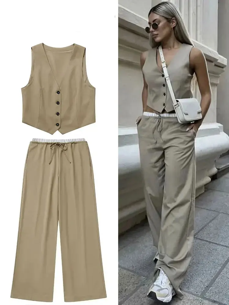 2024 Women\'s Solid Trousers Sets V Neck Commute Vest Top + Elastic Waist Drawstring Causal Female Wide Leg Pant Street