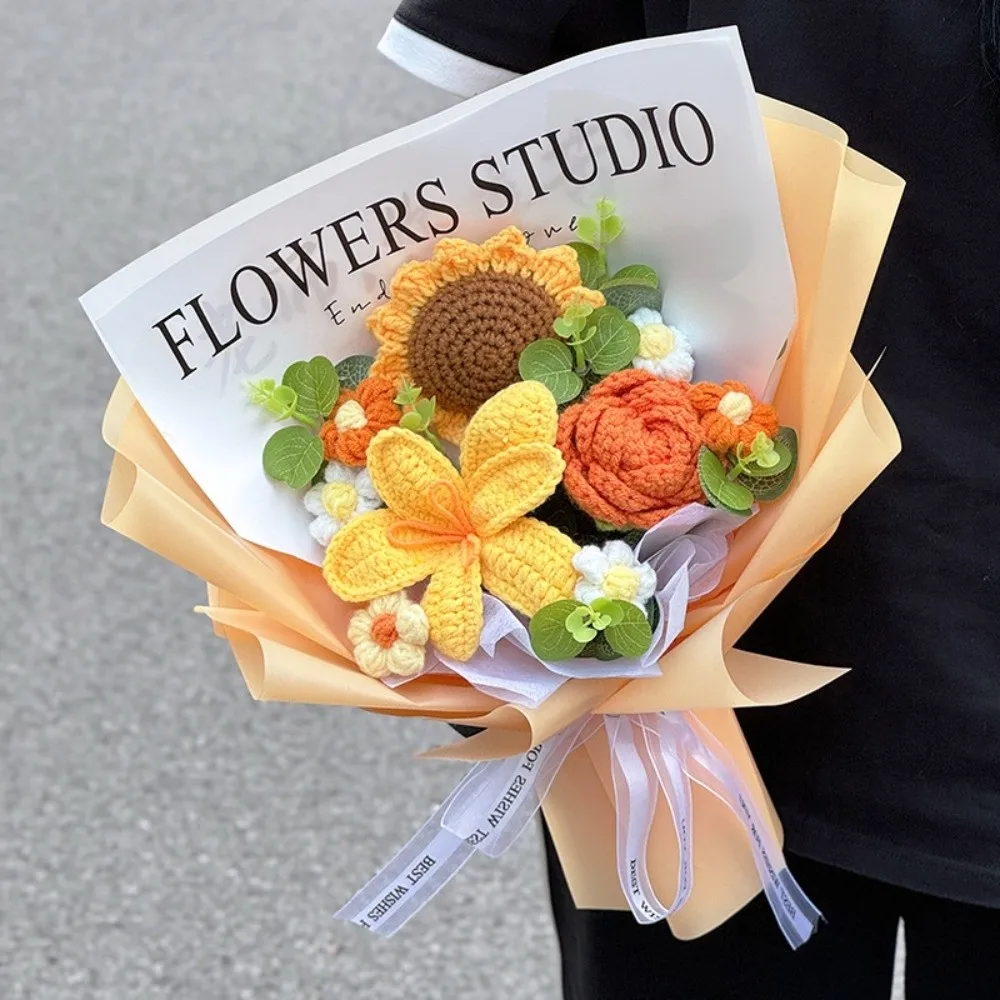 

New Cotton Crochet Flower Bouquet Sunflower Woven Knitted Flower Artificial Handmade Preserved Flower Mother's Day Gift