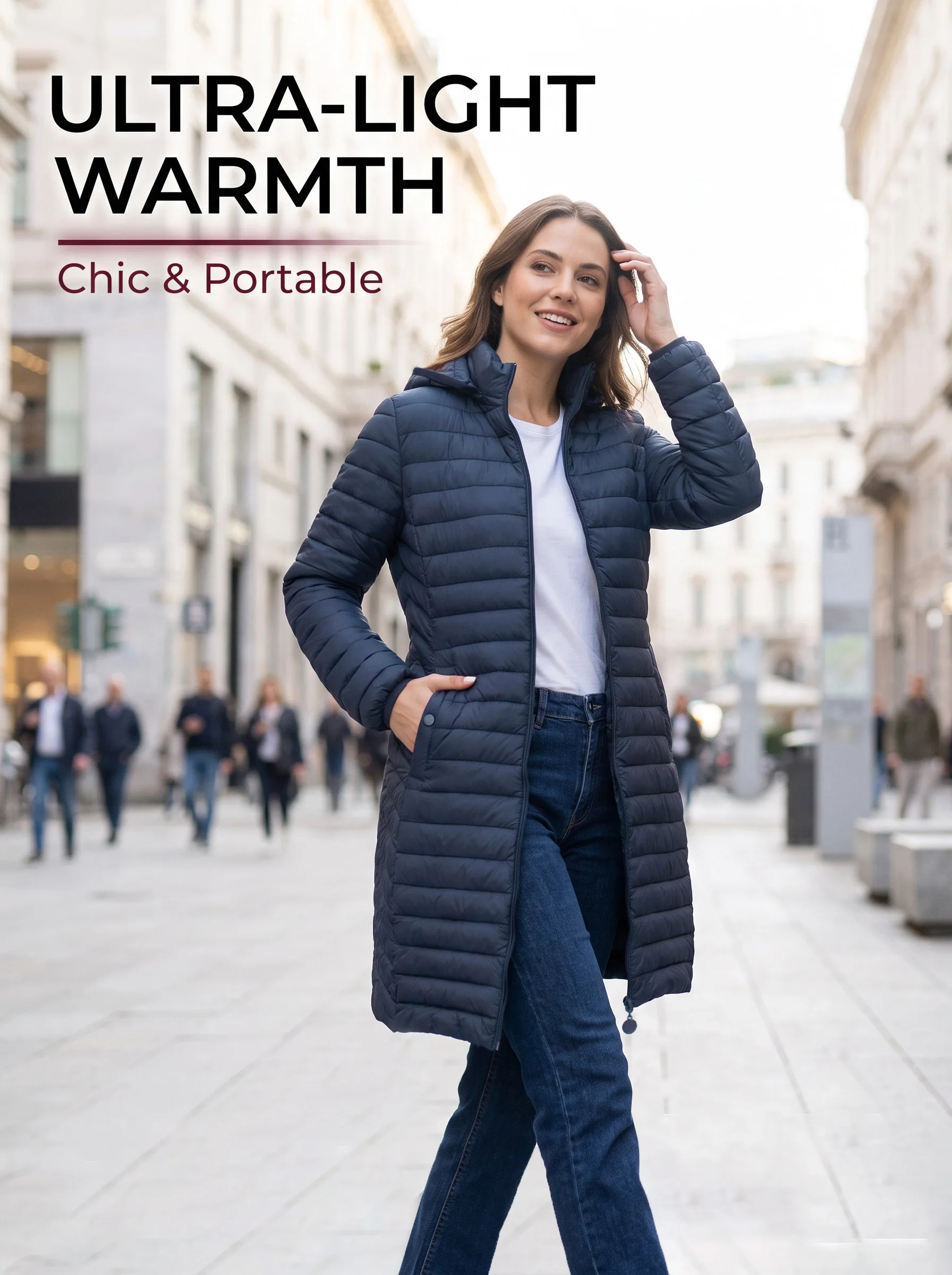 Ultralight Packable Puffer Coat for Women Long Warm Loose Solid Outwear with Detachable Hood