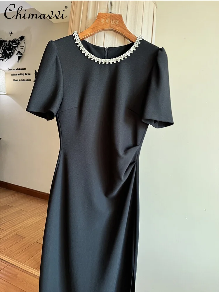 French Royal Style Black Dress Spring and Summer New Heavy Handmade Diomand Collar Slim Temperament Party Mid-Length Hip Dress