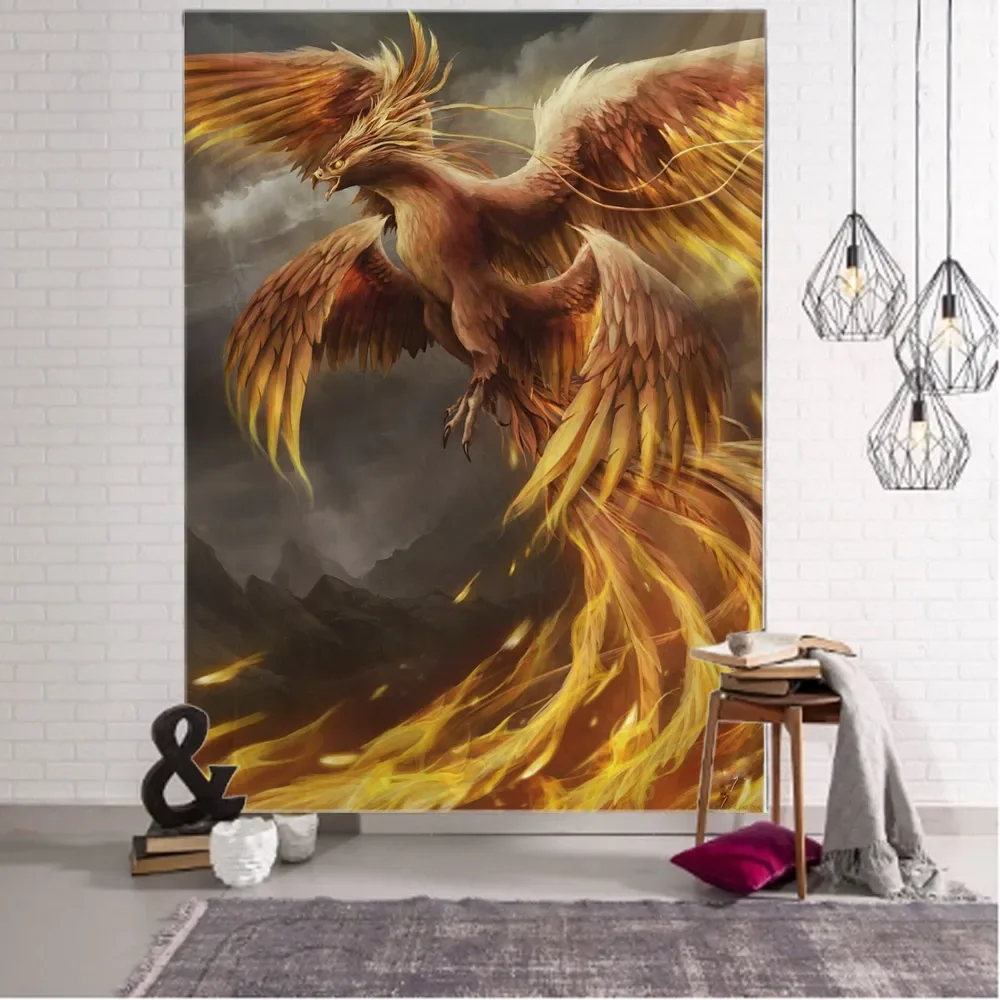 Blue and Red Fire Phoenix Wall Hanging Tapestry Flying Bird Art Design Blanket Curtain Hanging Bedroom Living Room Decorations