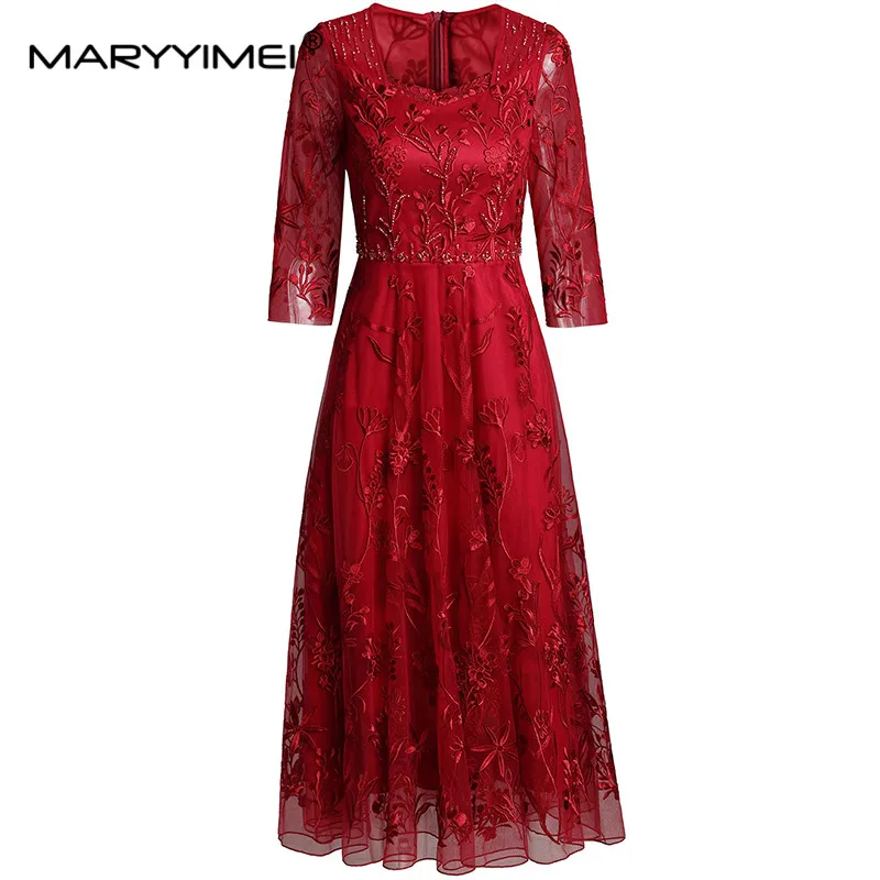 

MARYYIMEI Fashion Design Spring Summer Women's Three Quarter Sleeved Mesh Embroidery Splicing Streetwear Wine Red Dresses