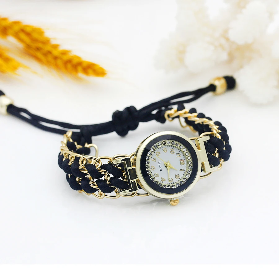 

Gold Women Dress Watch New Ladies Flower Hand-knitted Wristwatch Color Sparkling Rhinestone Fabric Clock Sweet Girl Watch