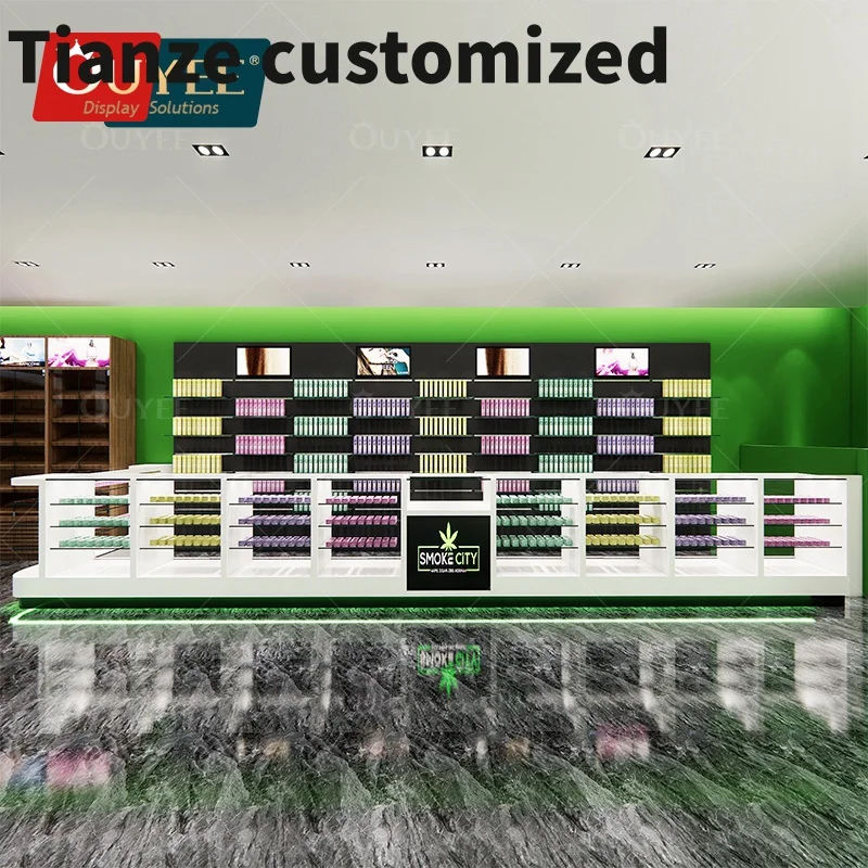 

Customized-Modern Shop Design Led Showcase Rack Smoke Store Slat Wall Display Shelf Smoke Shop Display Racks