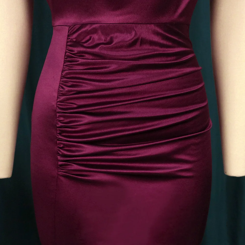 Übergröße Burgunderrotes Satin-Maxikleid für Damen mit Wasserfallausschnitt, Kurzarm, Geraffter Taille und Schlitz, Figurbetontes Kleid für Afrikanische Partys und Abendveranstaltungen – Detail 30