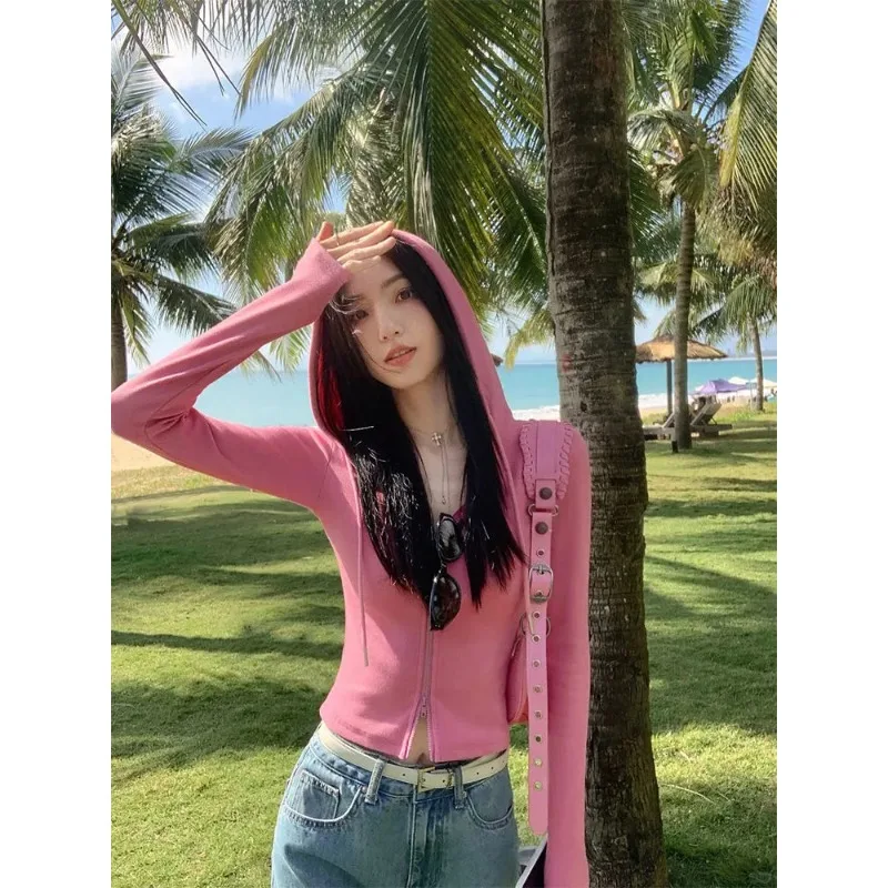 

Women's Pink Hooded Knit Cardigan Slim Fit Crop Top Long Sleeve Zip Up Casual Outerwear